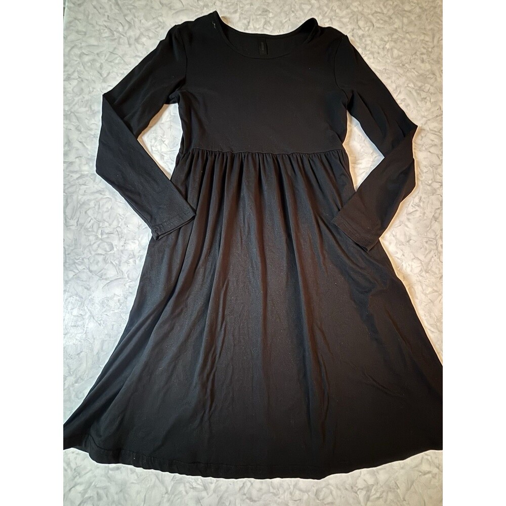 DB Moon Women's Long Sleeve Empire Waist Pocket Dress Black Pleated Casual S
